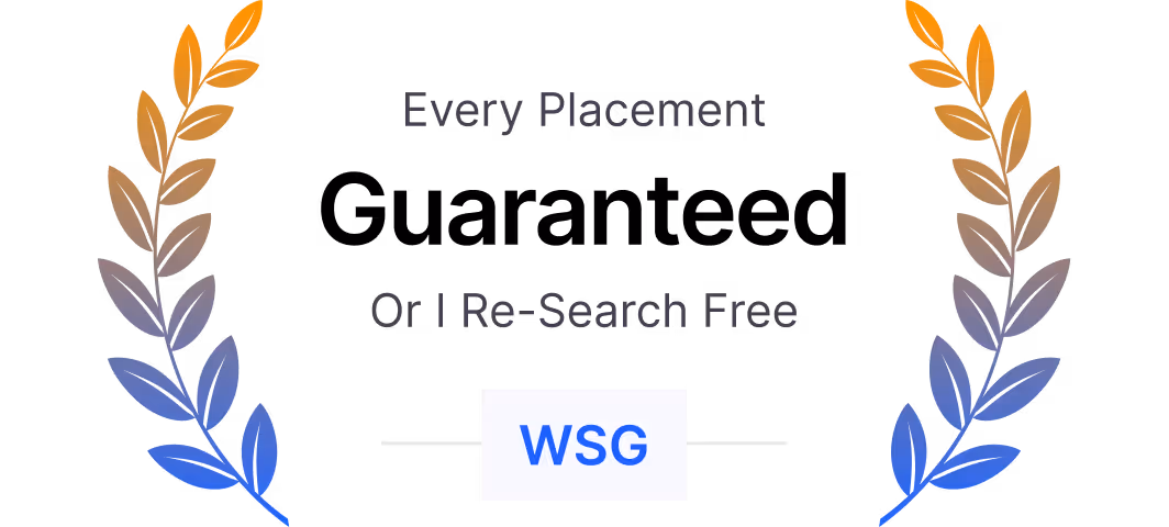 Laurel wreath design with text: Every Placement Or 1 Re-Search Free WSG logo below.