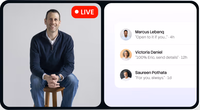 Man sitting on stool in live video with chat messages from Marcus, Victoria, and Saureen on screen.