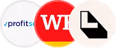 Three circular icons showing Profit software, WIL logo on German flag, and a black shape on beige background.