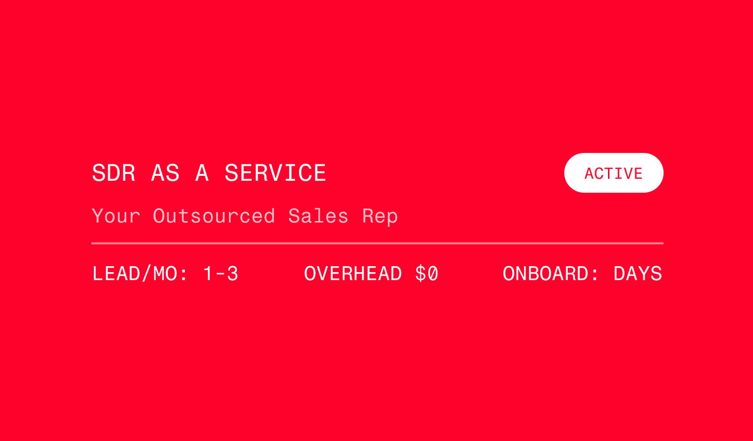 Graphic promoting SDR as a Service, highlighting outsourced sales representative support with low overhead costs, fast onboarding, and active lead generation services.