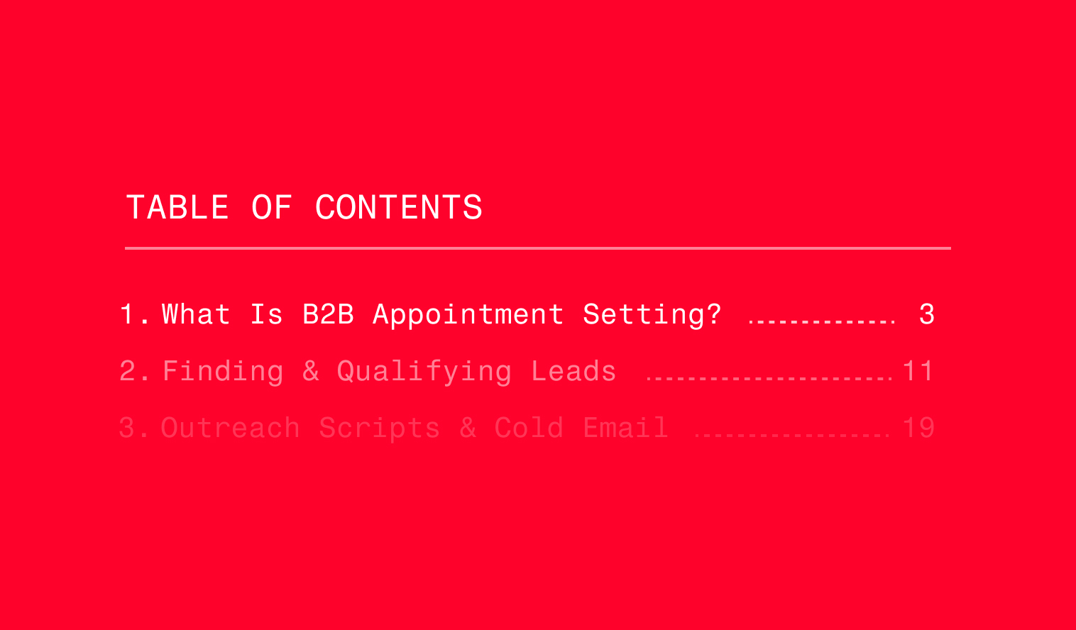 Graphic displaying a table of contents for a B2B appointment setting guide, covering lead qualification, outreach strategies, cold email scripts, and sales development topics.