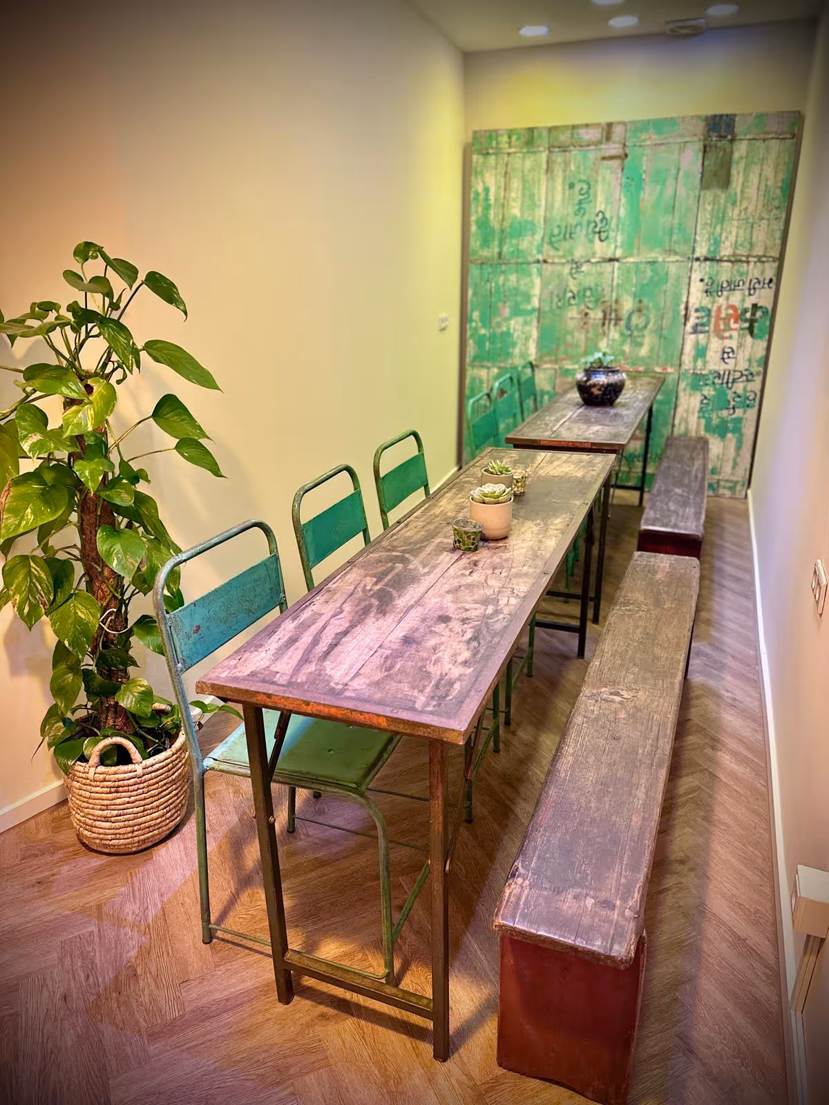 Narrow room with rustic wooden tables, green metal chairs, benches, and a potted plant in a basket.