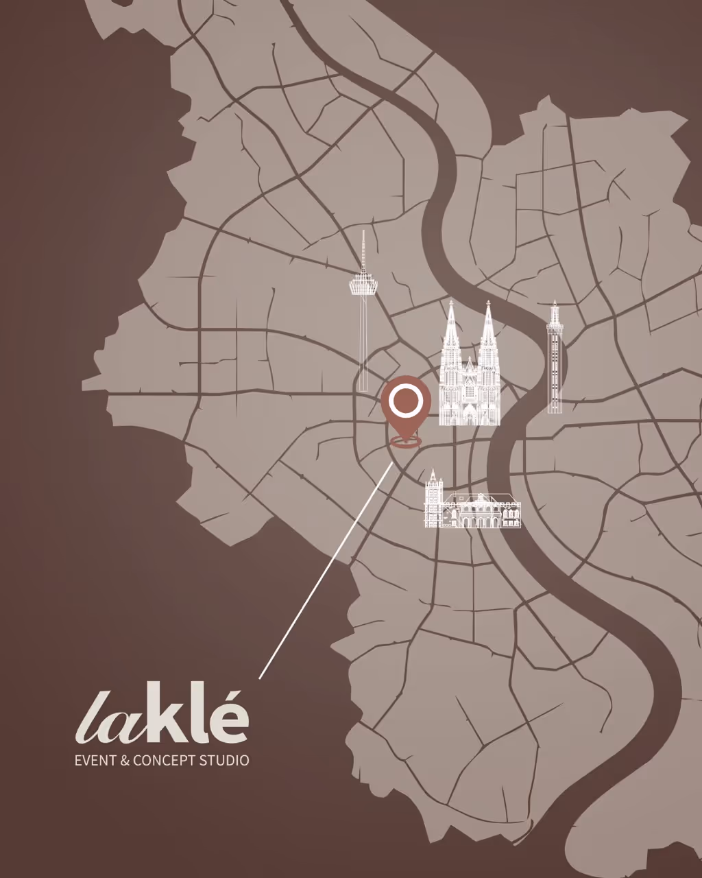 Map with a marked location and illustrated landmarks near a river, labeled La Klé event studio.