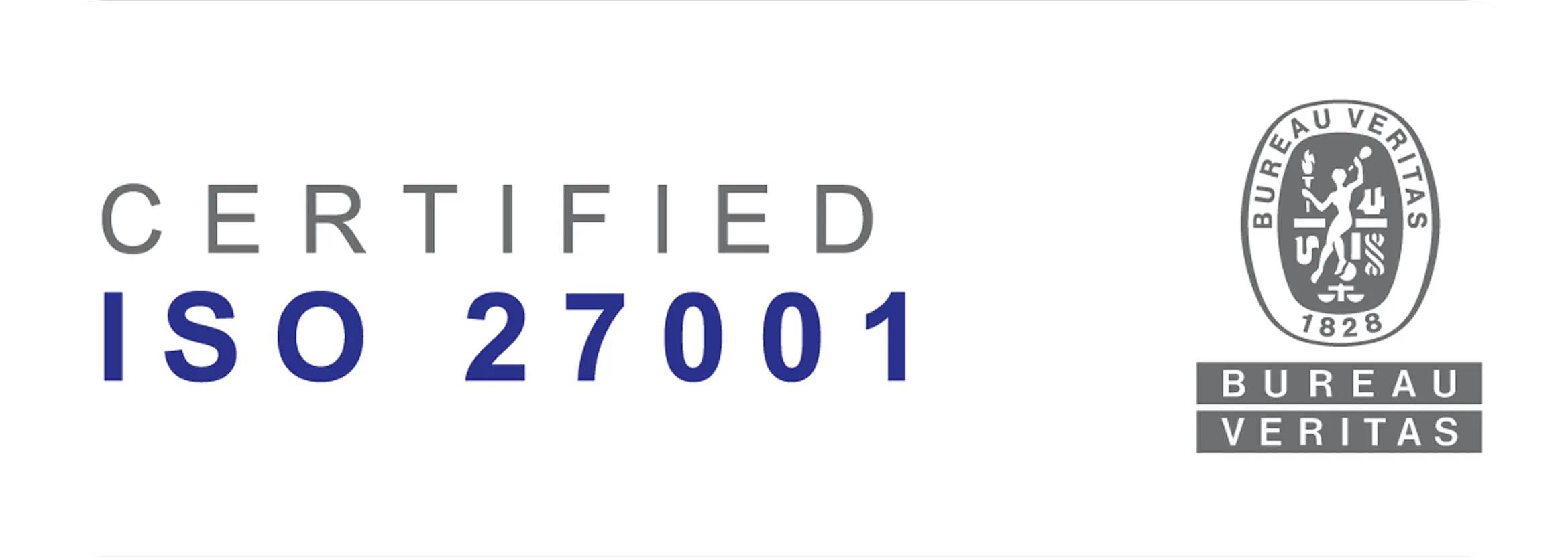 Certified ISO 27001 text next to the Bureau Veritas 1828 certification logo.