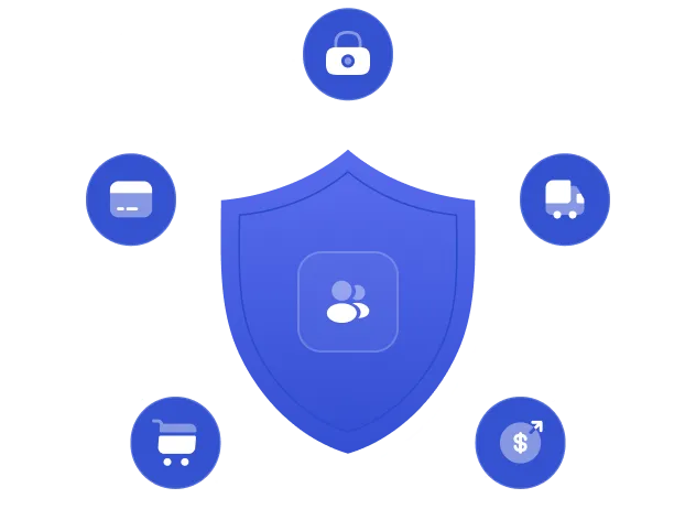 Blue shield with user icon surrounded by icons for security, payment, shopping, delivery, and finance.