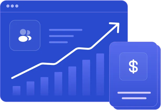 Blue digital dashboard with upward graph and bar chart, accompanied by a dollar sign icon card.