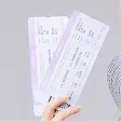 Hand holding two event tickets with light purple design on a white background.