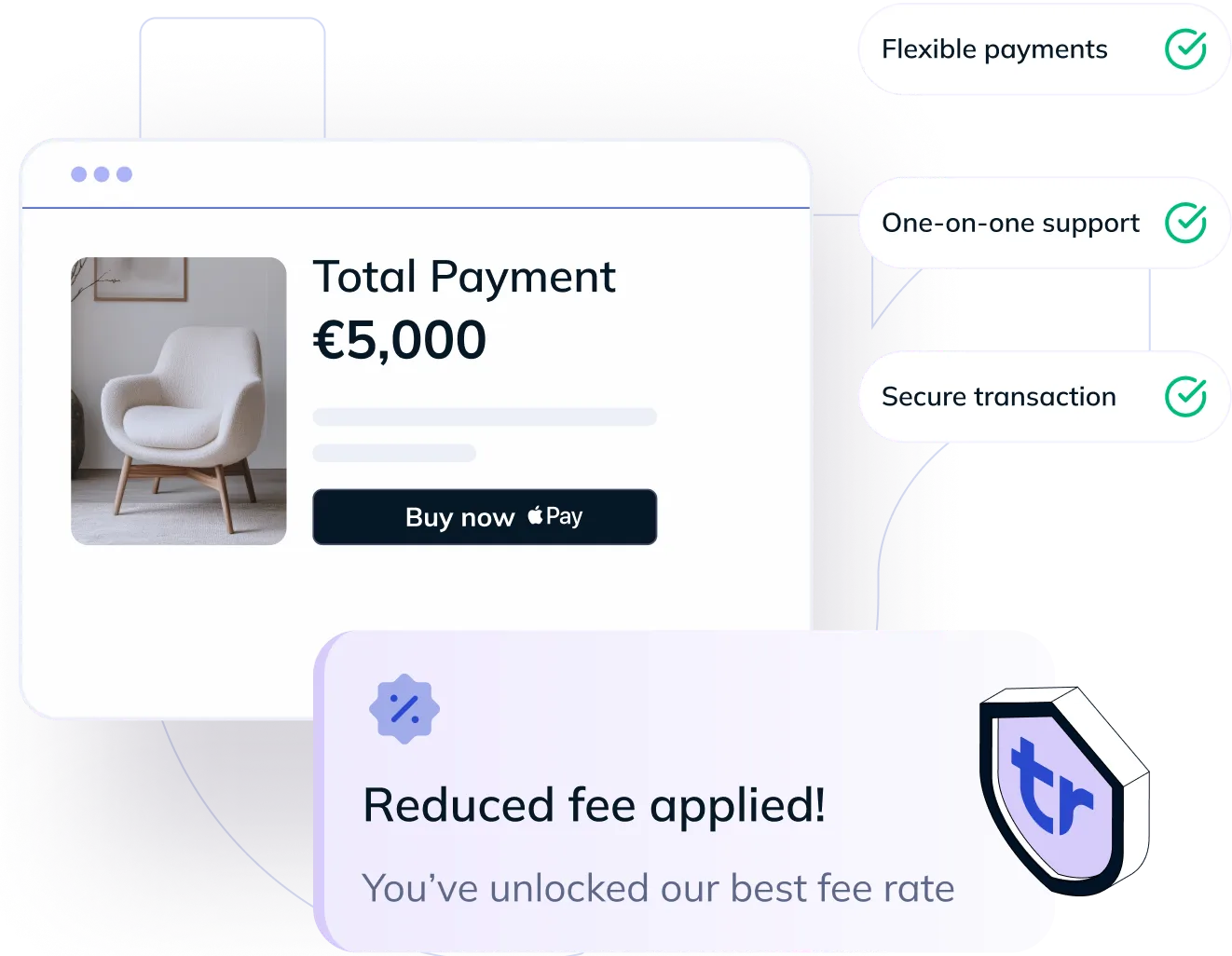 Online payment screen shows €5,000 total for a chair with Apple Pay option and reduced fee notice.