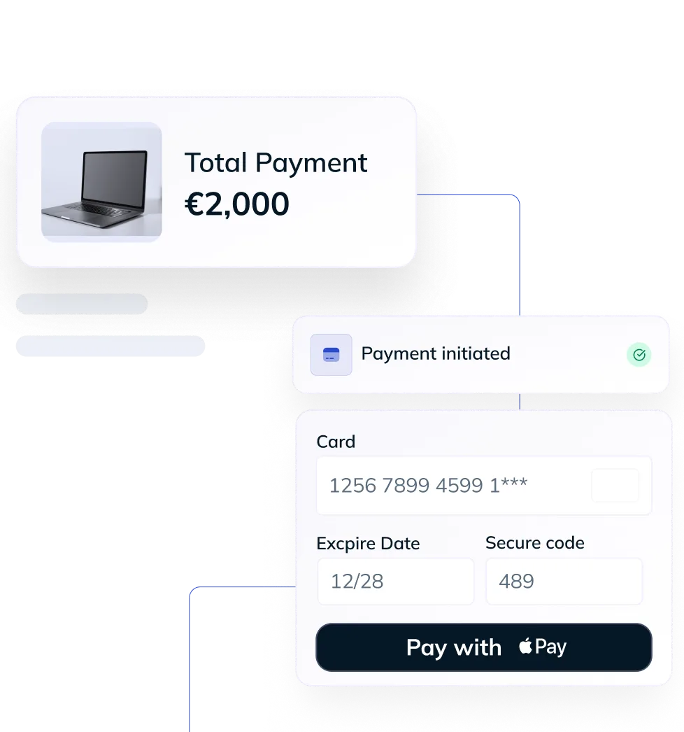 Payment interface showing total €2,000, card details, and Apple Pay option with a laptop image.