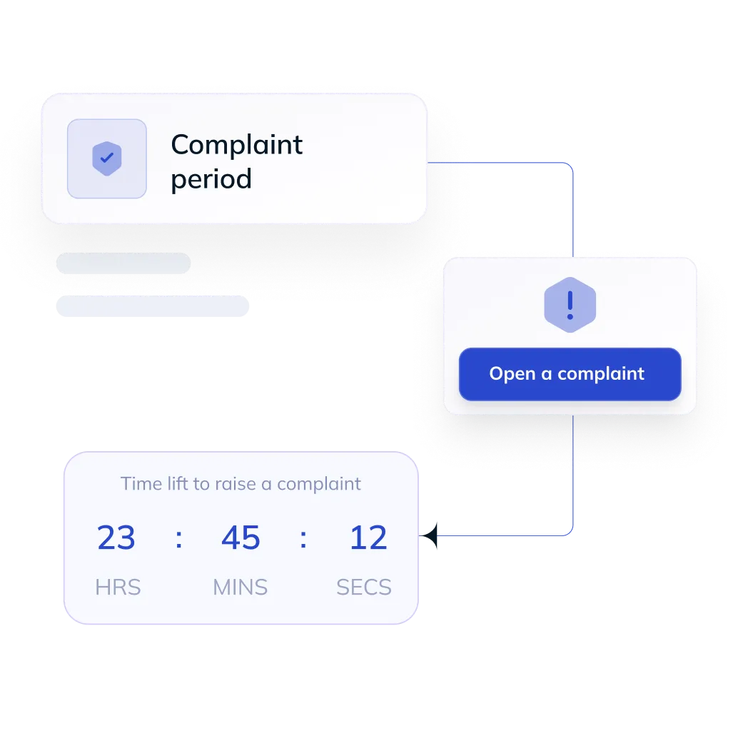 Complaint period interface with countdown timer showing 23 hours 45 minutes 12 seconds to raise a complaint.