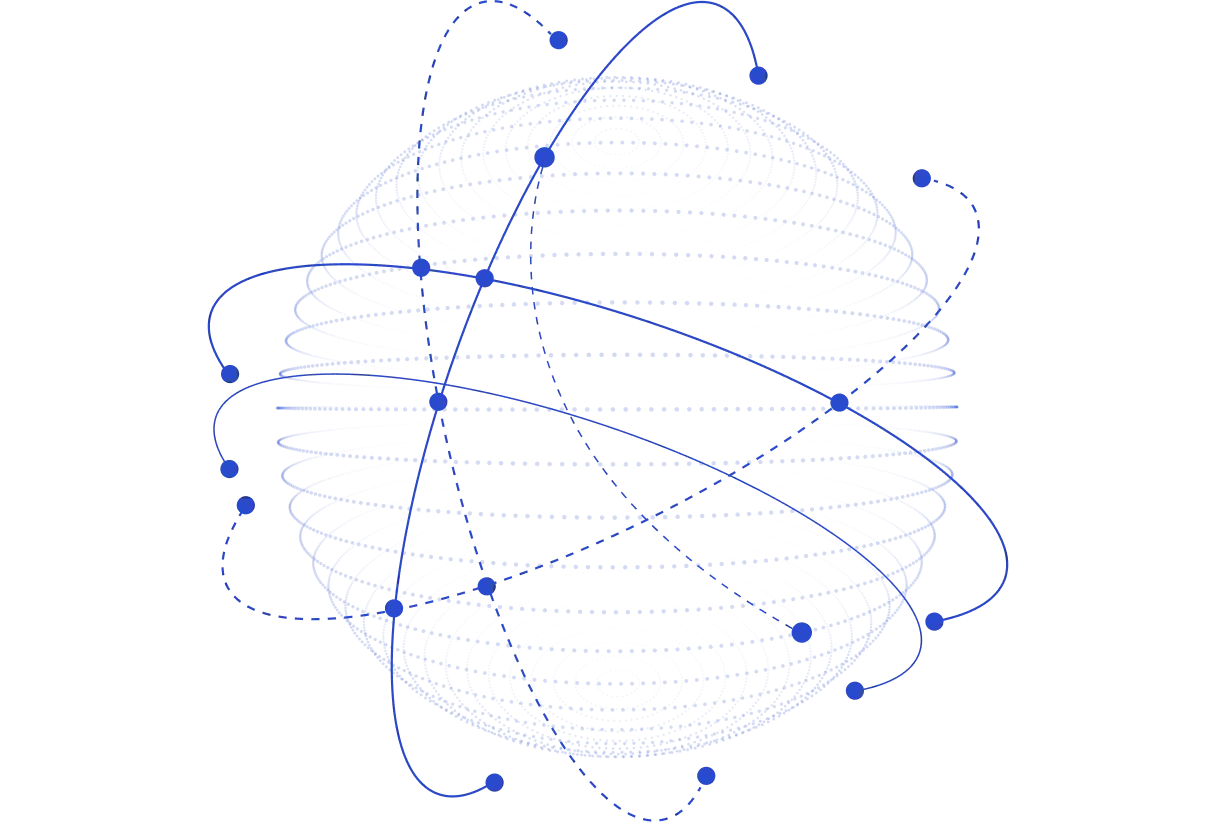 Abstract blue wireframe sphere with orbiting dots and a play button in the center, on black background.