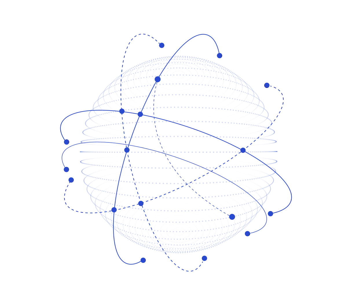 Blue 3D spherical grid with orbiting dots and central stacked rectangular shapes on black background.