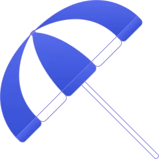 Blue and purple beach umbrella with curved panels and a thin pole.
