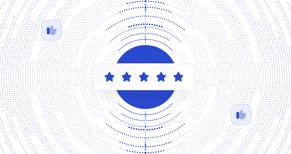 Five blue stars in a white box over a blue circle background with two thumbs-up icons.