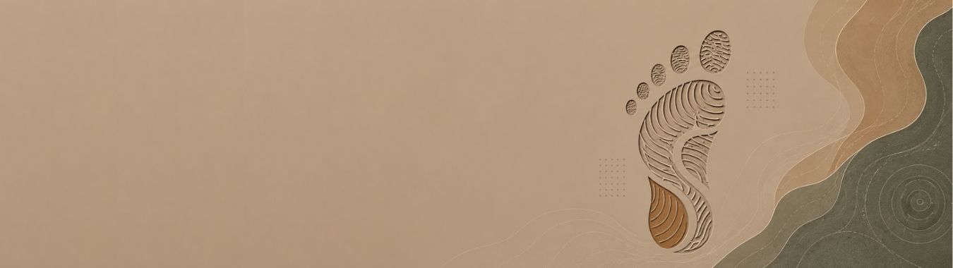 FootStepWear Homepage hero with beige background and logo icon on the right