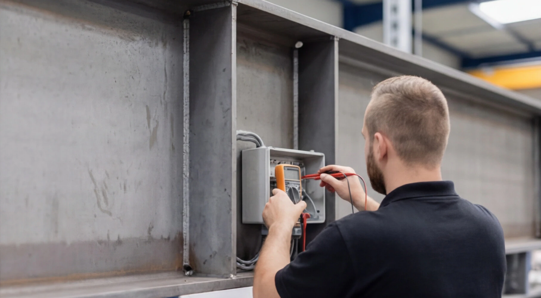 Technician using a multimeter to test electrical components inside a metal panel in an industrial setting.