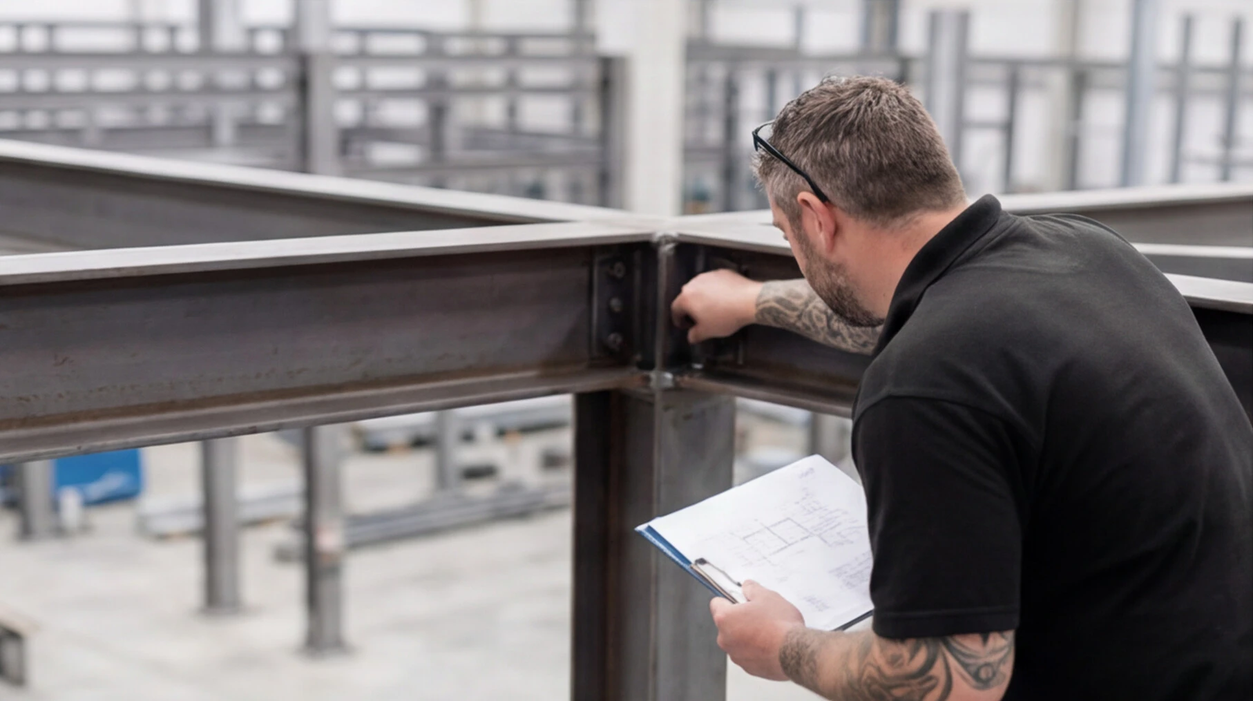 Worker with tattoos inspects metal frame structure while holding clipboard with building plans.