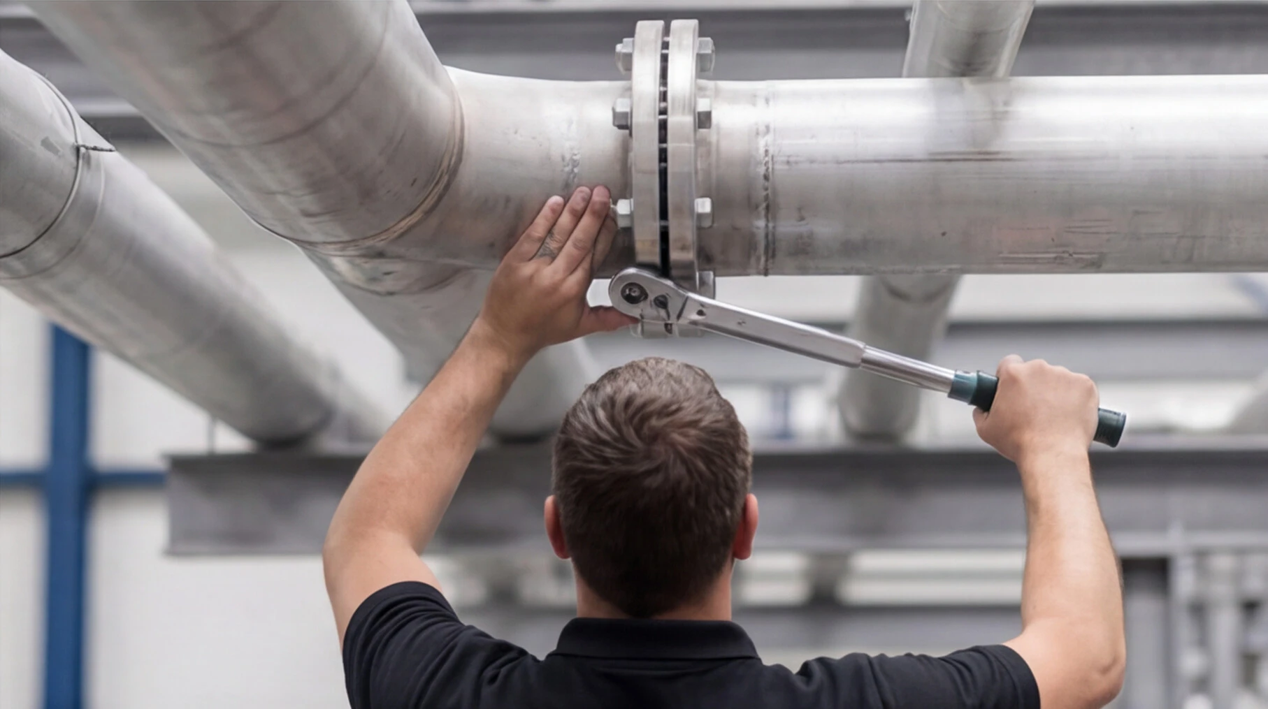 Man using a torque wrench to tighten bolts on large industrial metal pipes.