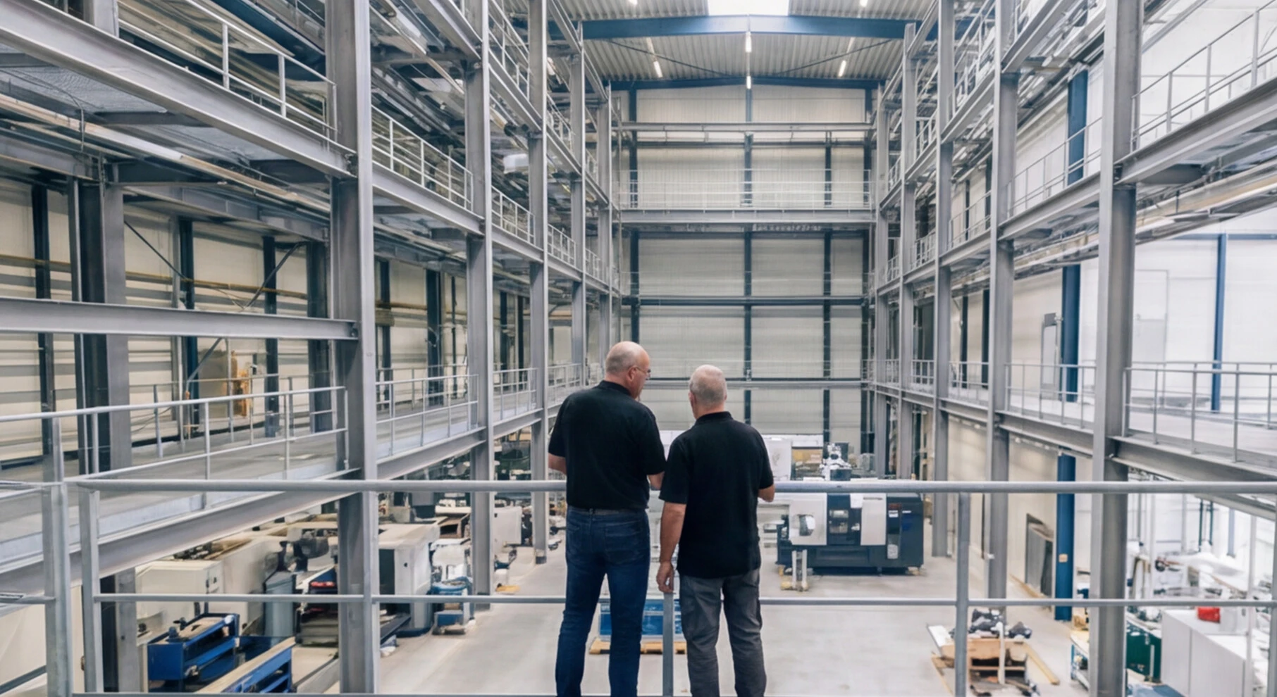 Two men in black shirts standing on a metal platform overlooking a large industrial factory floor.