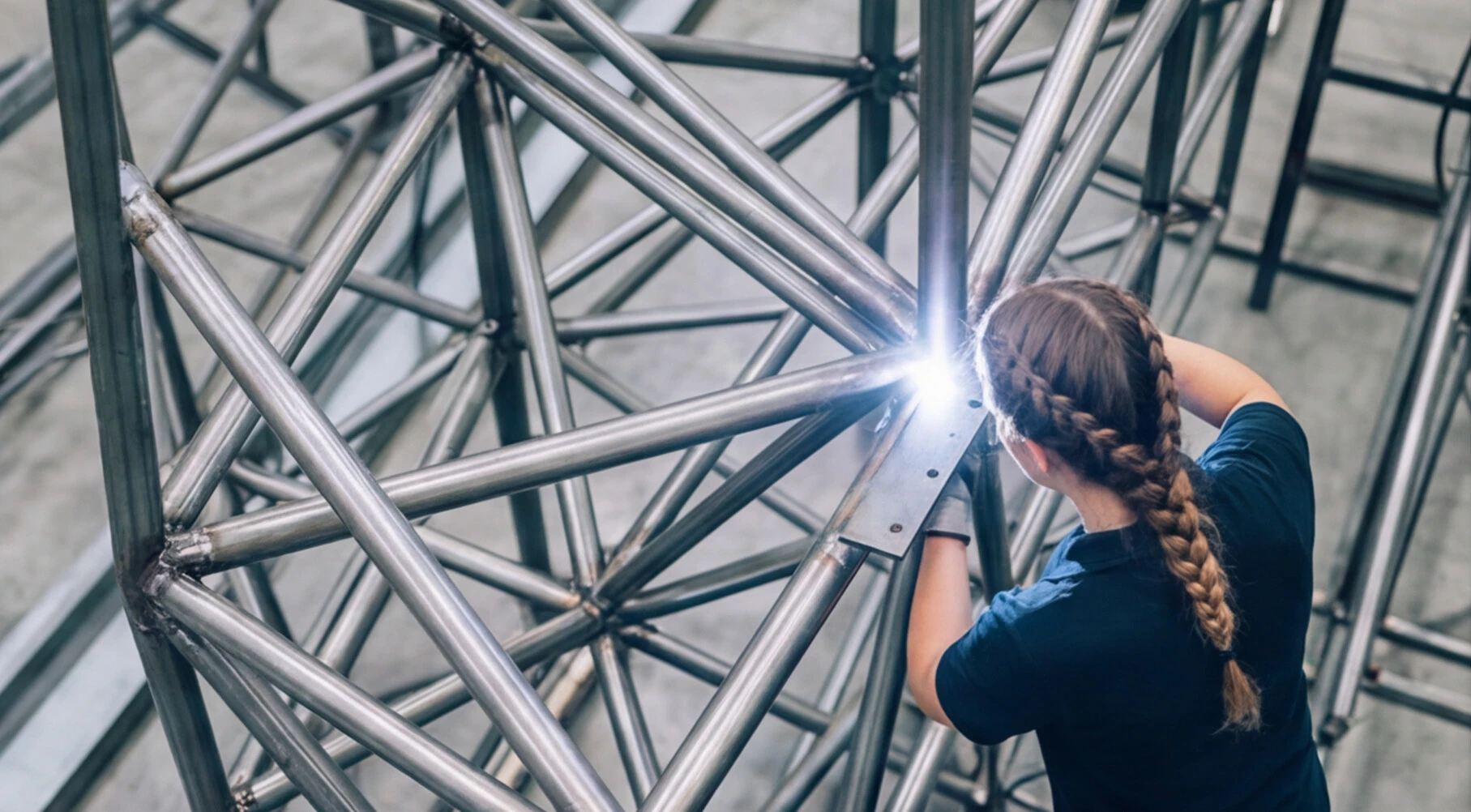 Woman with braided hair welding stainless steel tubes in a metal structure indoors.