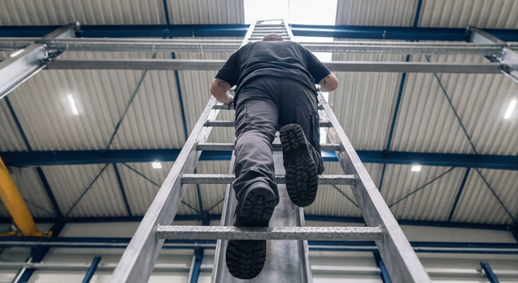 Man wearing black clothes climbing a tall metal ladder inside an industrial building.