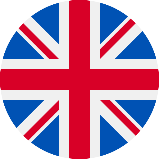 Rund ikon med det brittiska flaggmönstret i rött, vitt och blått.