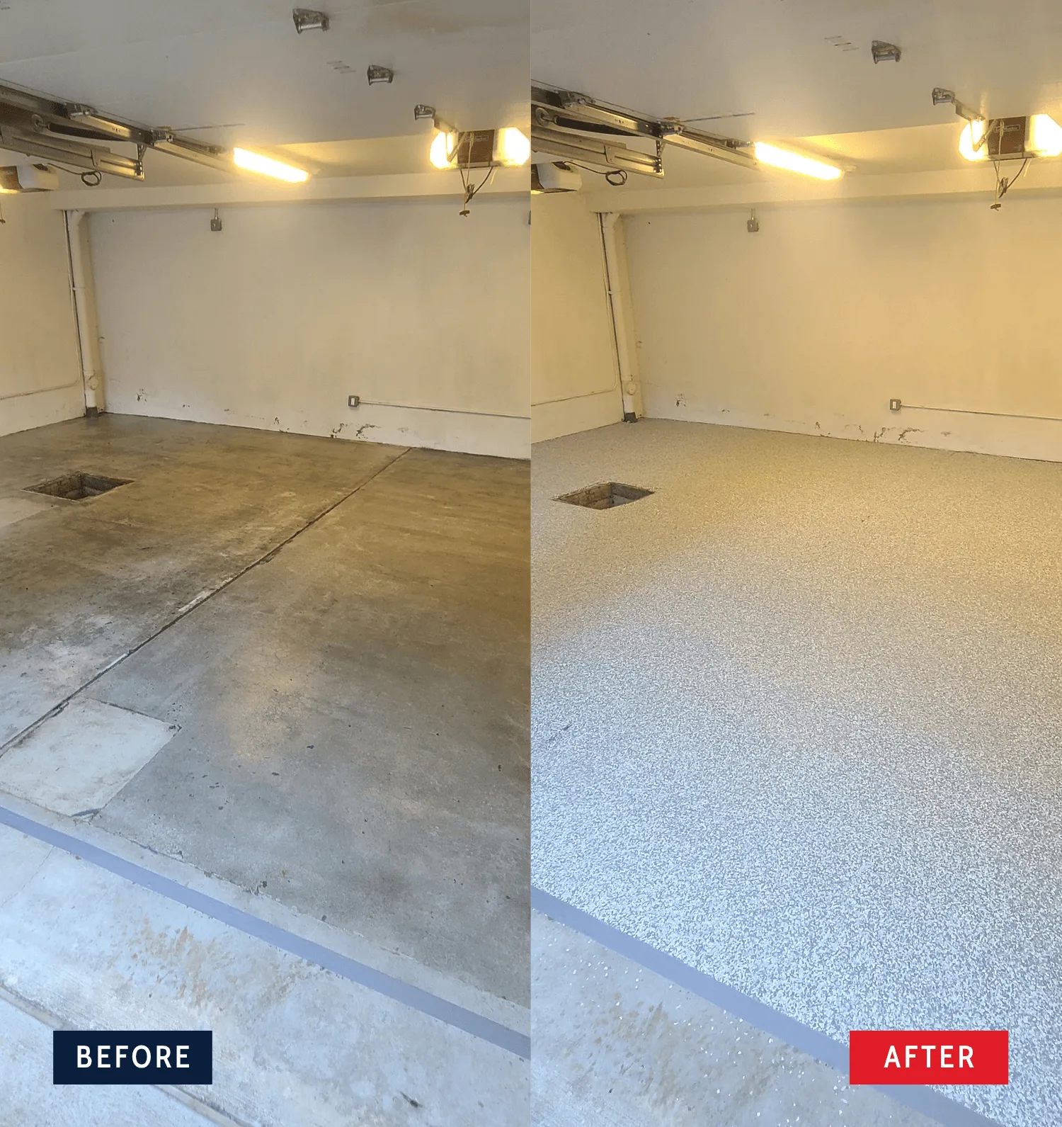 Garage floor before and after a Majestic epoxy flake coating