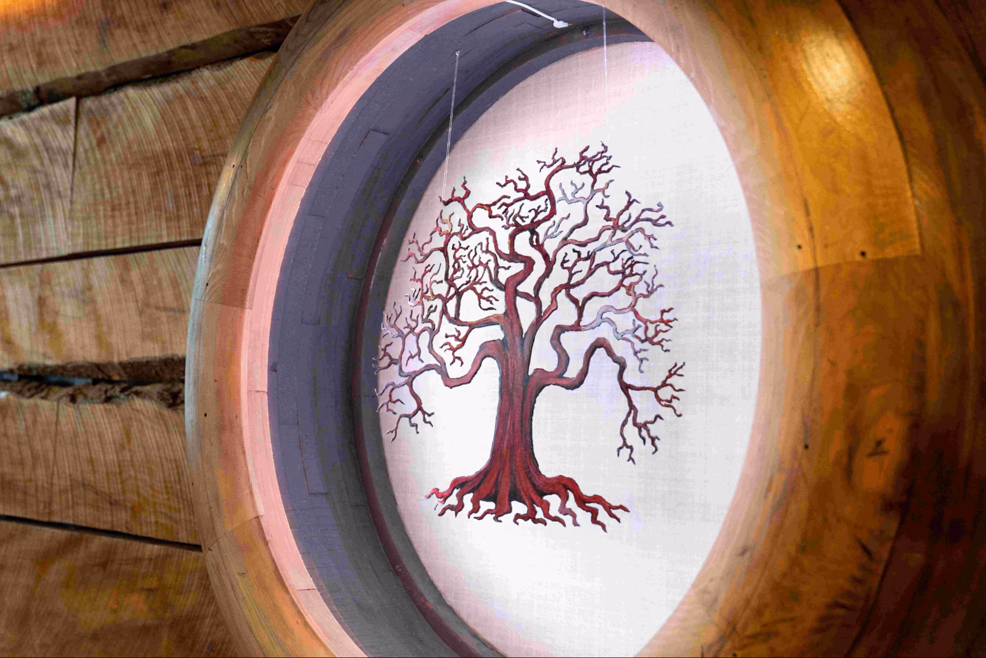 Red tree with bare branches centered inside a circular wooden frame against a white background.