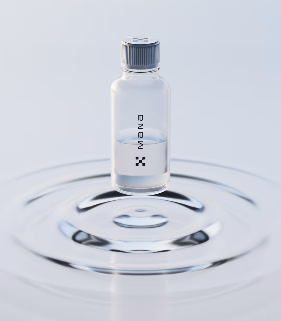 Mana-branded glass bottle of sodium-ion electrolyte solution, floating above a rippling water surface