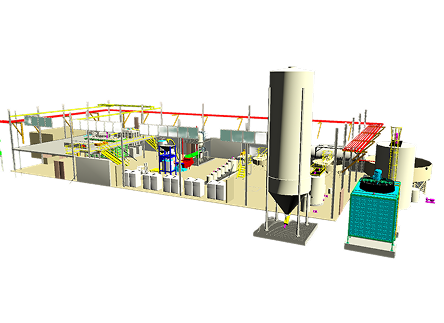 3D model of an industrial facility with silos, tanks, pipes, and machinery on a black background.