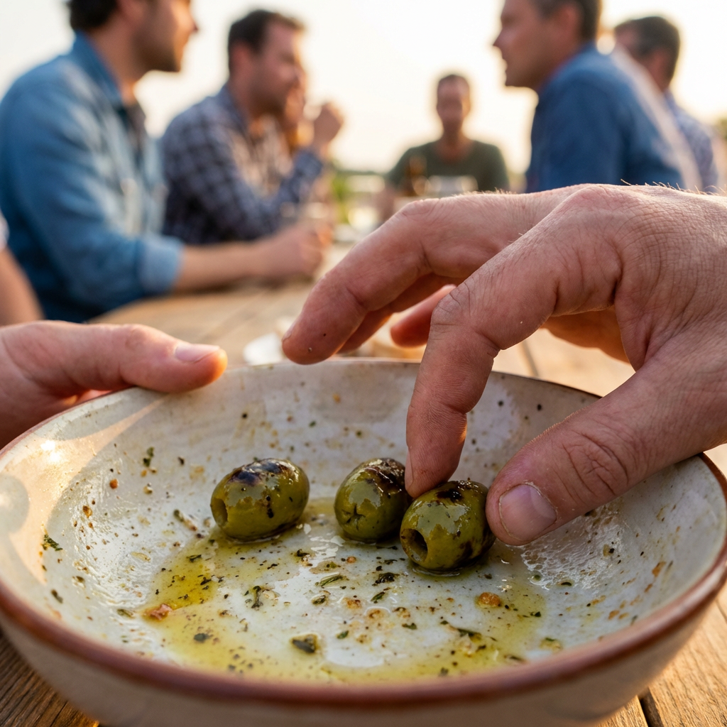 “Hand picking up Loveats olives with olive oil and herbs during a shared Mediterranean meal.”