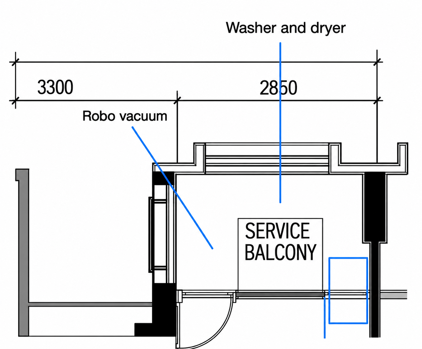HDB service balcony floor plan showing proposed locations for a washer and dryer, robot vacuum and additional space allocation, with dimensions marked for renovation planning.