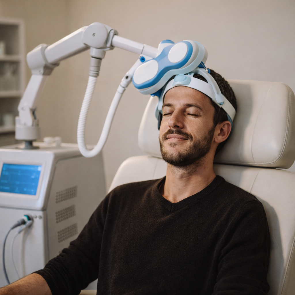 Photo of a smiling man relaxed in a treatment chair with a TMS therapy coil positioned against his head, eyes closed, in a clinical treatment room