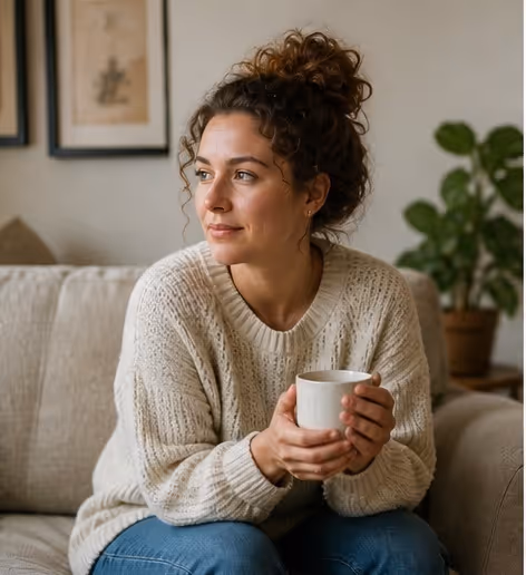 Photo of a woman with curly hair holding a mug, looking off thoughtfully in a living room