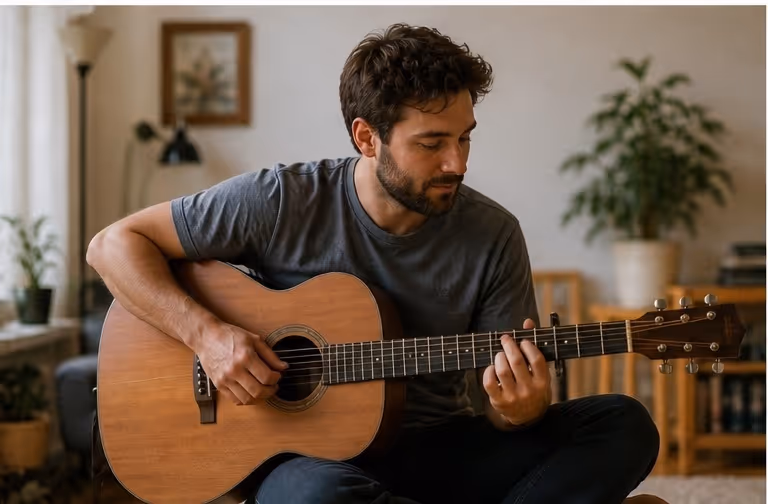 Photo of a young man playing an acoustic guitar at home