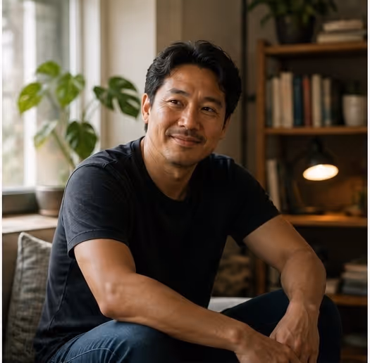 Photo of a man sitting relaxed on a couch, smiling slightly, bookshelf and lamp in the background