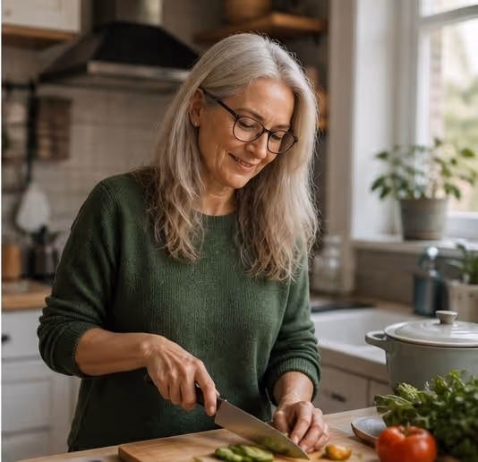 Photo of an older woman with gray hair and glasses cutting vegetables in a kitchen