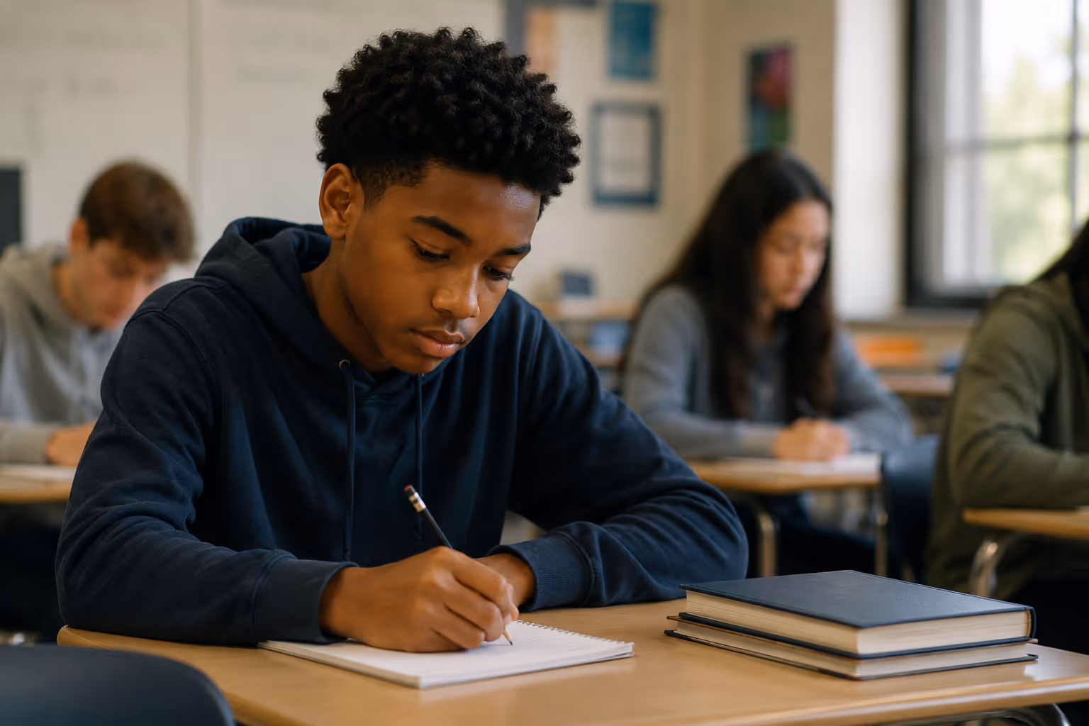 Photo of a teenage boy writing in a notebook at a classroom desk, other students working in the background