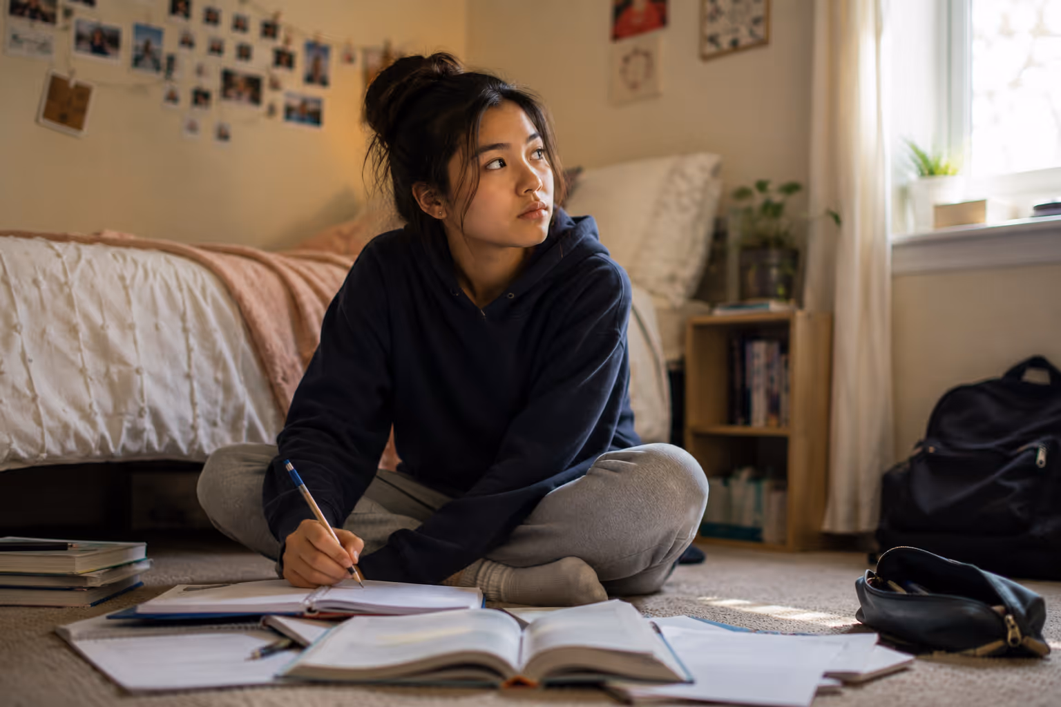 Photo of a teenage girl sitting on her bedroom floor surrounded by open books and papers, looking up thoughtfully