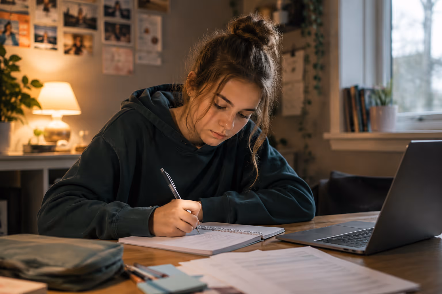 Photo of a teenage girl at a desk writing in a notebook beside an open laptop, notes pinned to the wall behind her