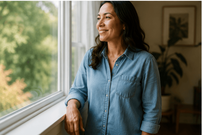 Stylized lifestyle photo of a smiling woman looking out a window with sunlight and greenery outside