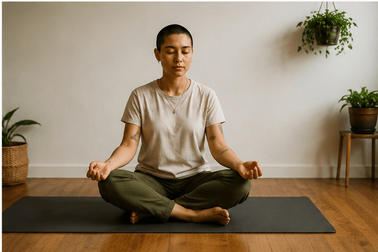 Stylized lifestyle photo of a person sitting cross-legged on a yoga mat with eyes closed in a meditation pose