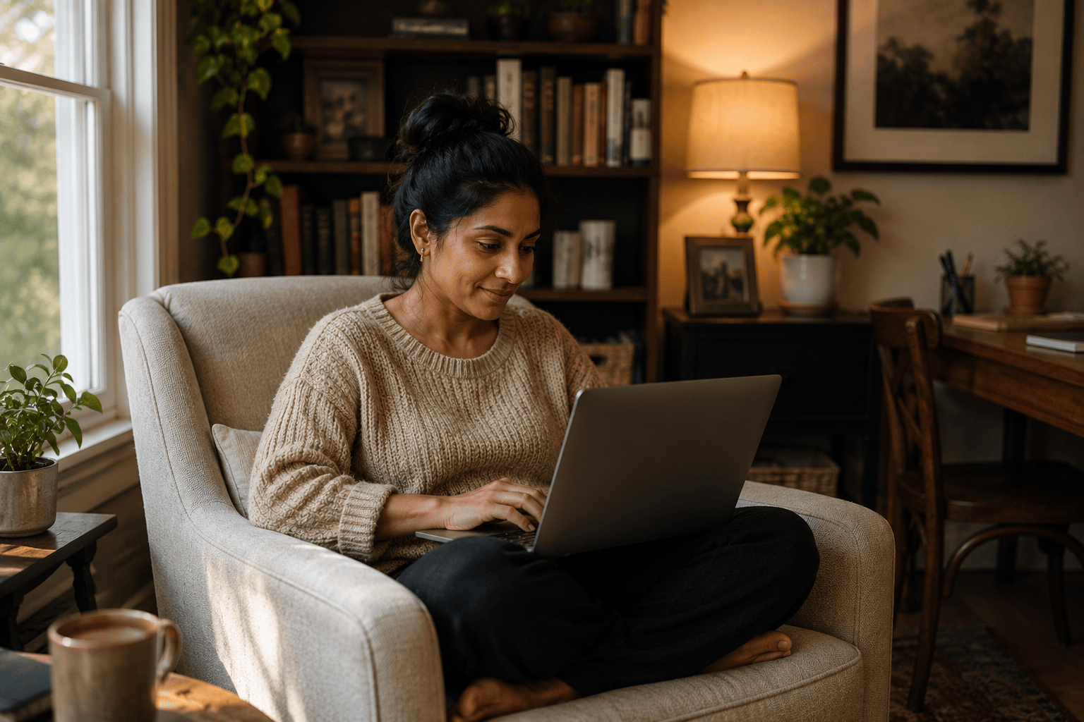Photo of a woman using a laptop while sitting in a cozy armchair at home