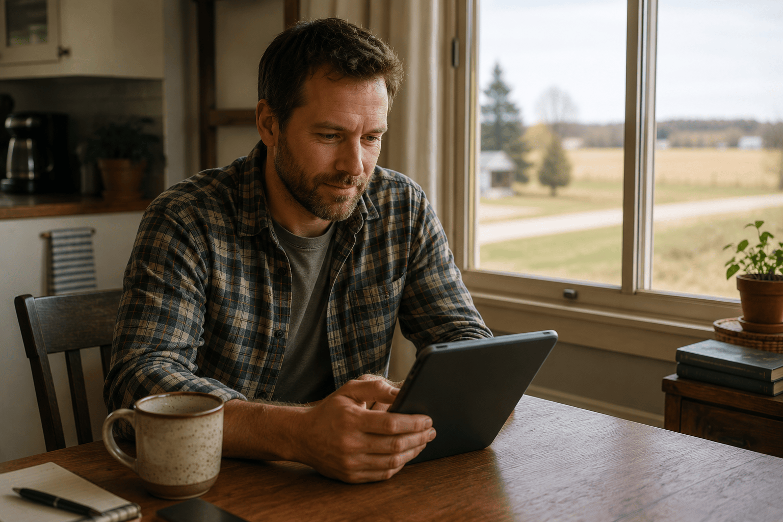 Photo of a man at a kitchen table using a tablet, coffee mug beside him, farmland visible through the window