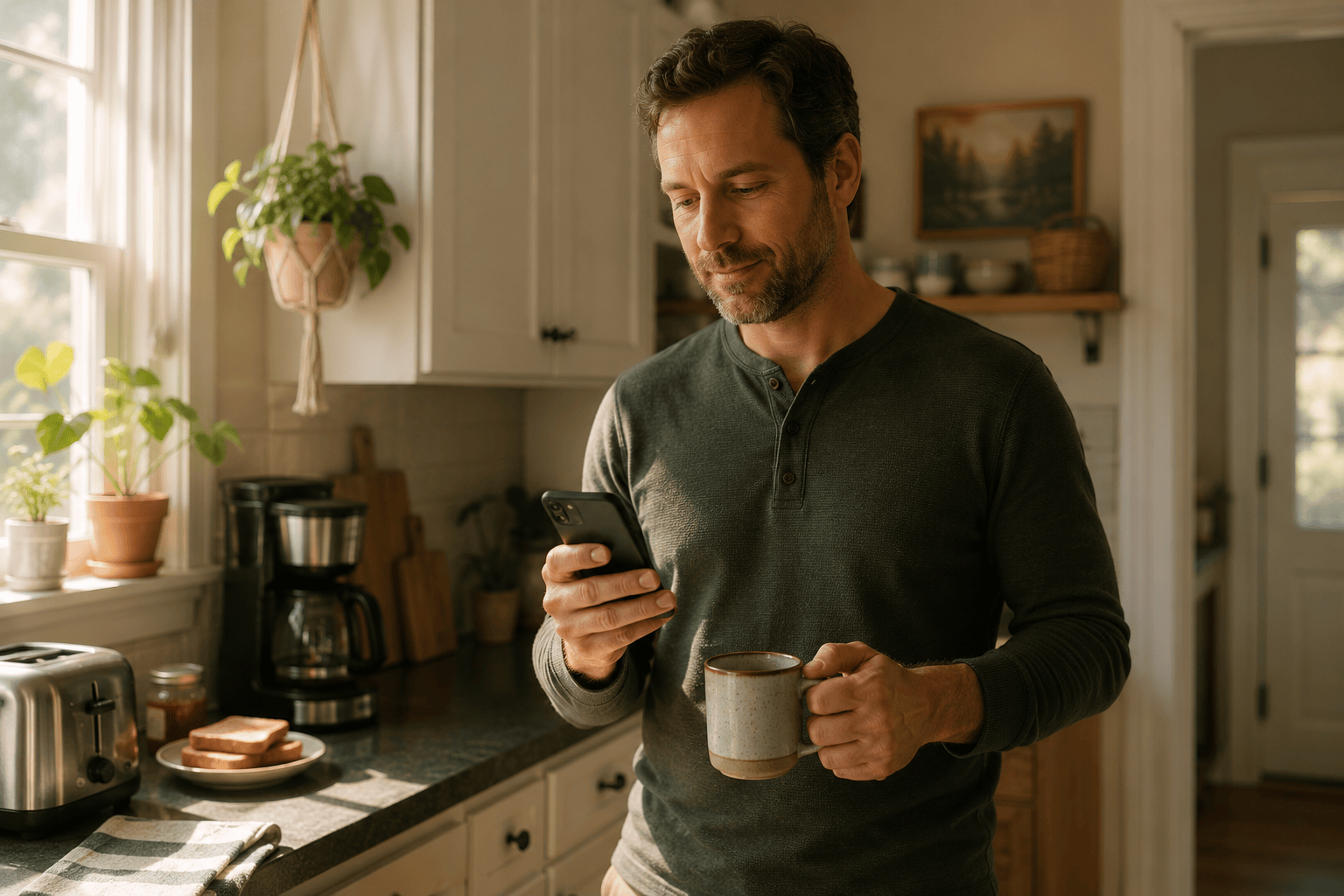 Photo of a man in a kitchen checking his phone while holding a mug of coffee