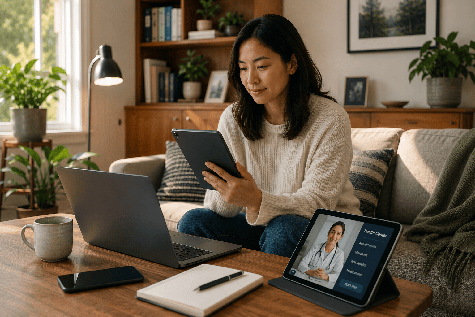 Marketing graphic of a woman using a tablet and laptop at home with a mocked telehealth app screen showing a provider video call