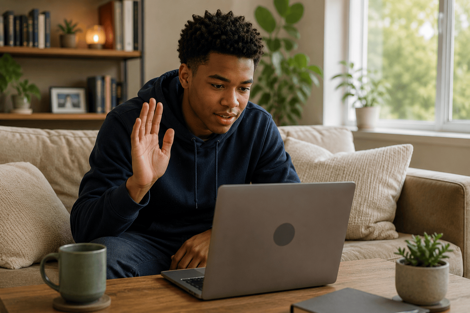 Photo of a young man waving during a video call on his laptop from a couch