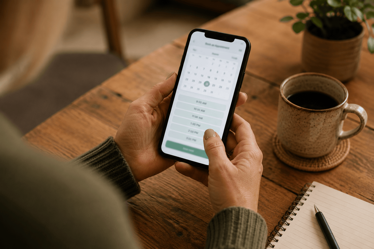 Marketing photo of hands using a smartphone showing a mocked Book an Appointment scheduling app screen