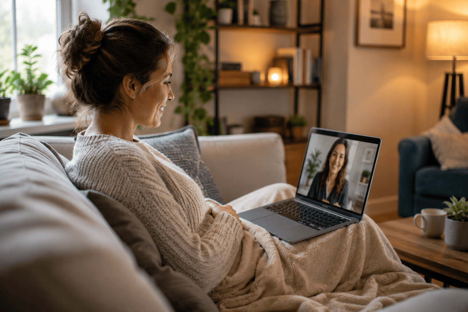 Photo of a woman relaxed on a couch under a blanket, smiling during a laptop video call with another woman
