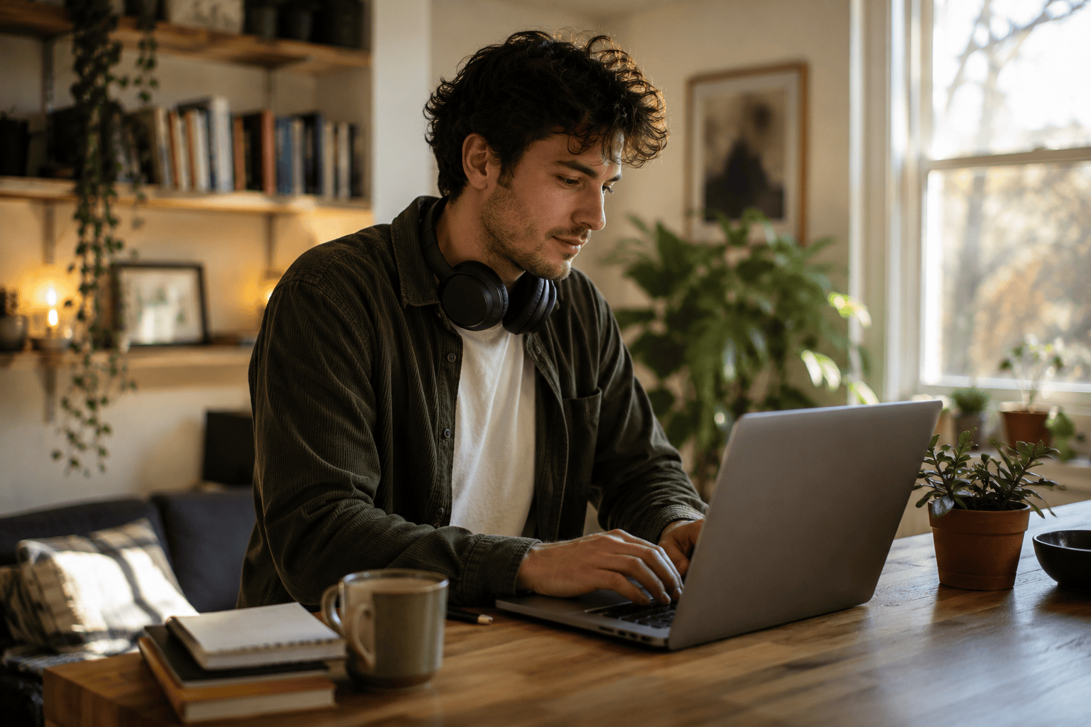 Photo of a young man with headphones around his neck using a laptop at a wooden table in a plant-filled living room